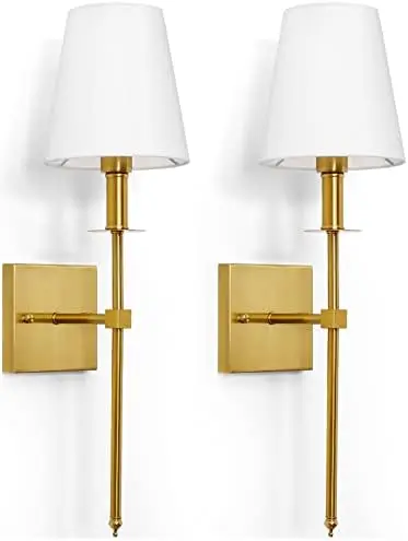 

Set of 2, Dimmable Sconces Lighting, Classic Hardwired Indoor Metal Gold Sconce Lights with Fabric Shades (Bulbs and Switchs No