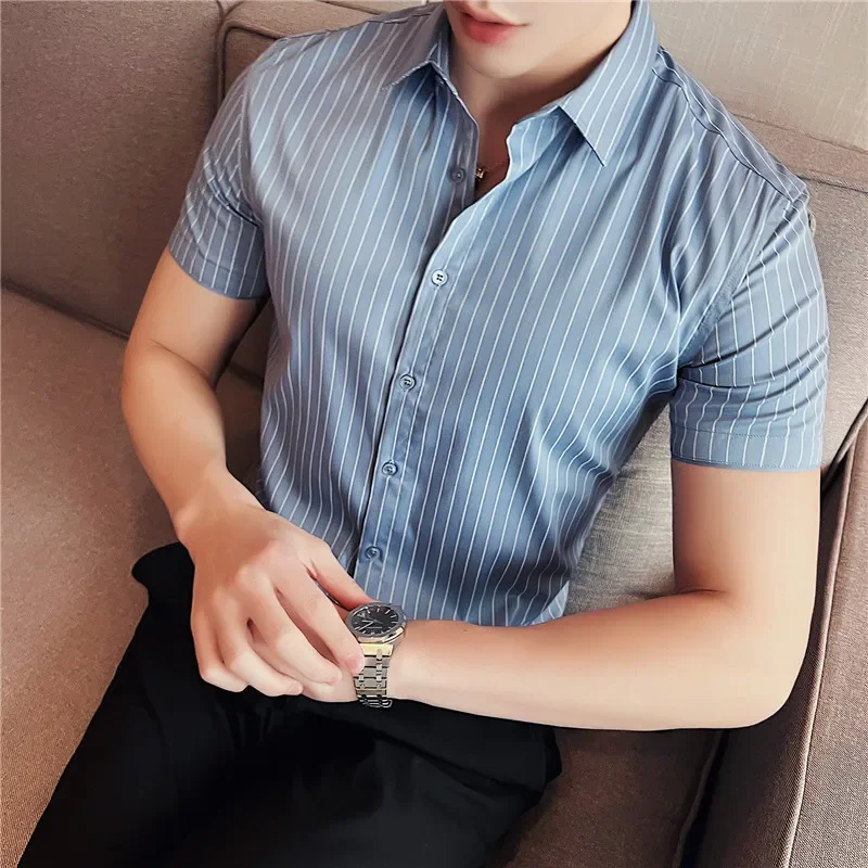 High Quality Striped Male Light Luxury Business Formal Social Short Sleeve Shirts Fashion Thin Slim Casual Pointed Collar Shirts