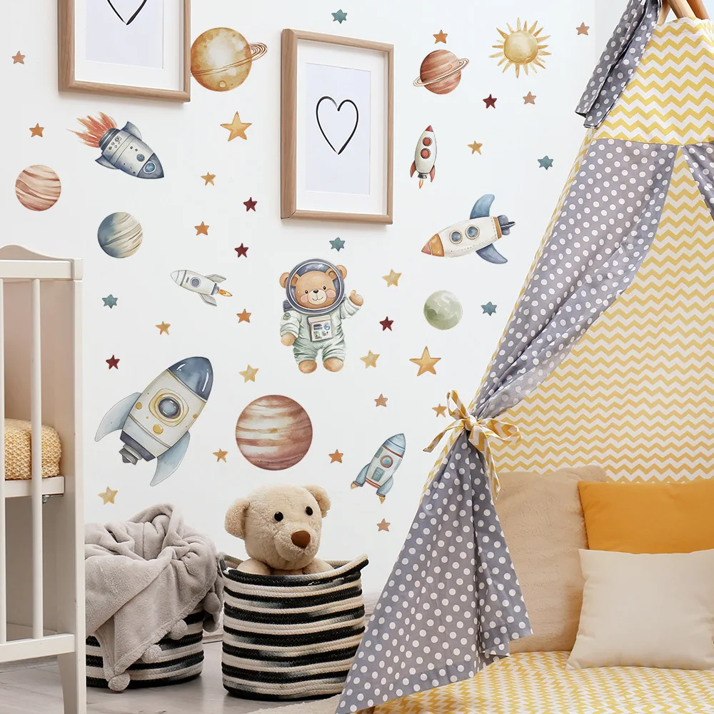 Cartoon Bear Astronaut Rocket Wall Stickers For Kids Room Background Decoration Mural Baby Bedroom Home Decor Removable Decals 2