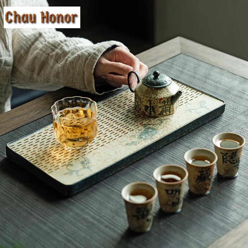 Blue And White Flint Red Rectangular Tea Tray Gold Draw Peony Flower Pot Bearing Support Tea Table Water Storage Dry Tea Table