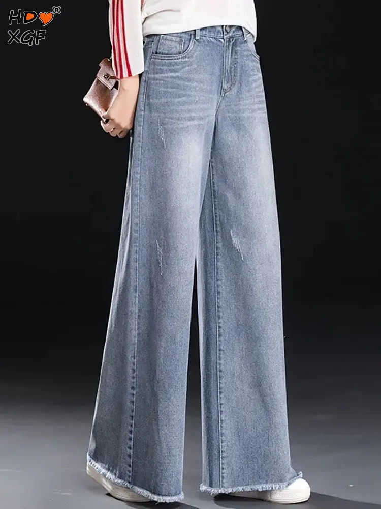

Korean Fashion Rough-edged Blue Plus Size Straight Jeans For Women Spring Autumn High Waist Wide Leg Pants All-match Baggy Jeans