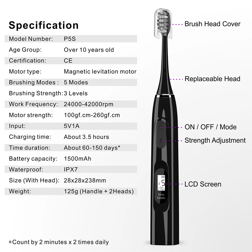 Sfeel 15 Modes LCD Screen Sonic Smart Electric Toothbrush Adult Timer USB Type C Rechargeable IPX7 Waterproof Whitening
