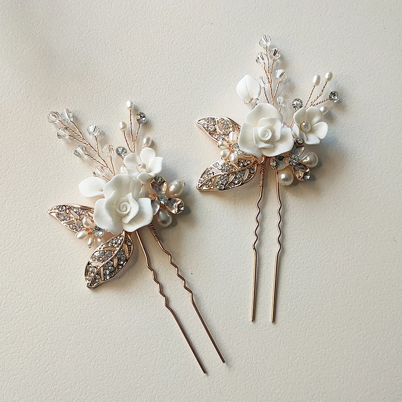 Handmade Rose Gold Color Hair Pin Set Bride Headpiece Flower Leaf Jewelry Wedding Hair