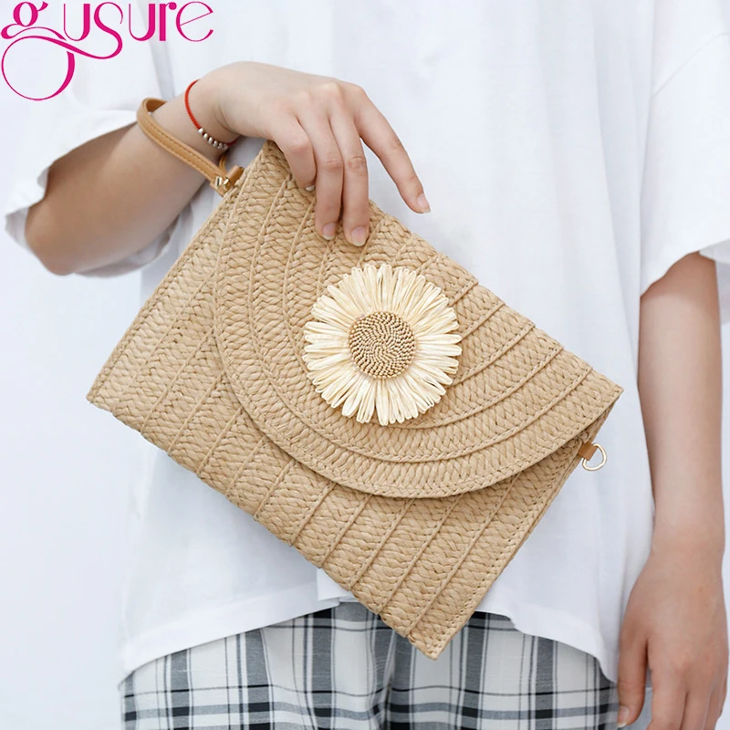 Straw Woven Shoulder Crossbody Bag Beach Clutch Handbag Casual Summer Handmade Envelope Bags for Women Totes Purse
