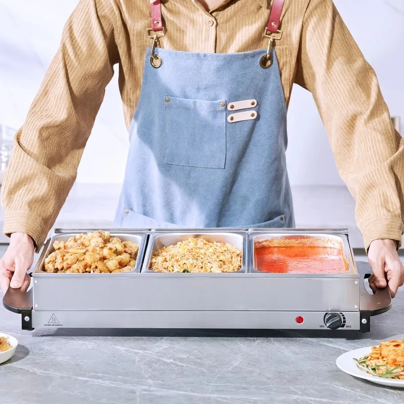 

25.6" x 15" Electric Food Buffet Server, Buffet Server Food Warmer with 3 Stainless Steel Warming Pan