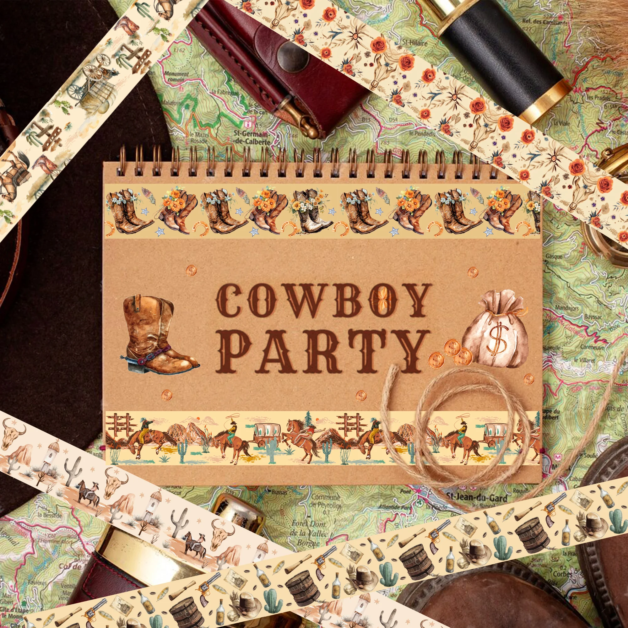 12 Rolls Western Cowboy Themed Washi Tape Set,Decorative Paper Stickers,DIY Craft Tape for Gift Wrapping, Scrapbooking 4