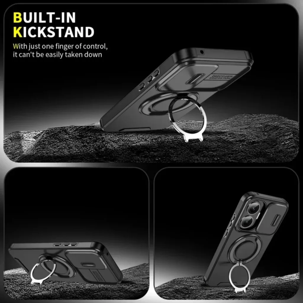 Shockproof Armor Phone Case with Magnetic Ring Holder and Kickstand - Hard PC Protective Cover