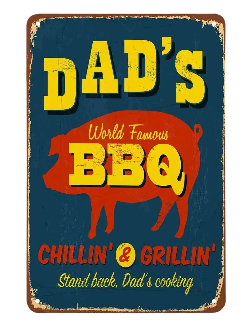 

Dad's BBQ Tin Sign,World Famous BBQ with Red Pig Blue Vintage Metal Tin Signs for Cafes Bars Pubs Shop Wall Decor Funny Signs