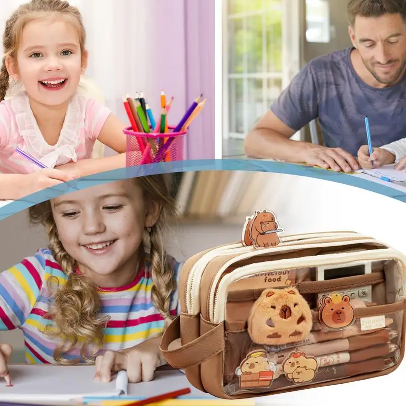 Aesthetic Clear Pencil Pouch pencil cases pen storage bag Capybara Large Capacity Pencil Pouch Large Capacity Multi-layers Pen Case Cute Workplace Stationery