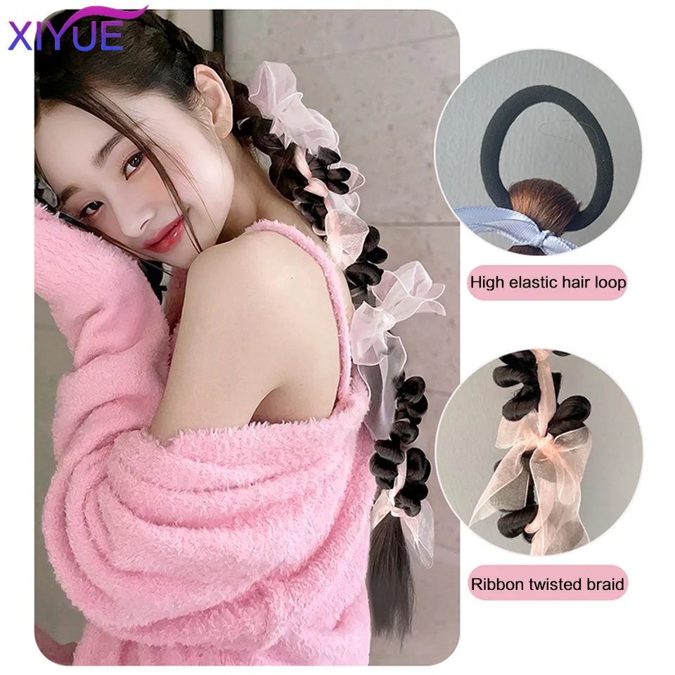 XIYUE 2PC Pink Ribbons tTwisted Tail Clip In Ponytail Hair Extension Heat Resistant Synthetic Natural Double Horse Tail