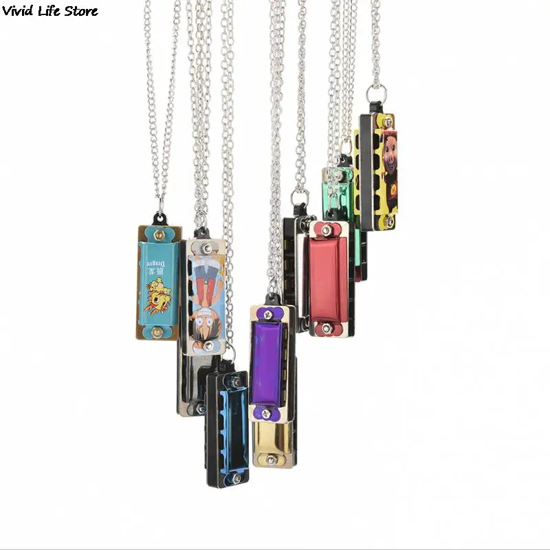 Mini 4 Hole 8 Tone Harmonica Metal Necklace Design Chain Toy Gift Color Random