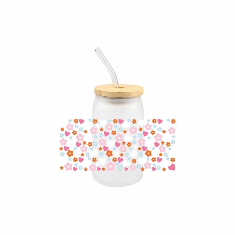 3D Flower UV DTF Transfer Sticker Colorful Waterproof Scratch Libbey Glass Cup 16 OZ Durable Hot Sale