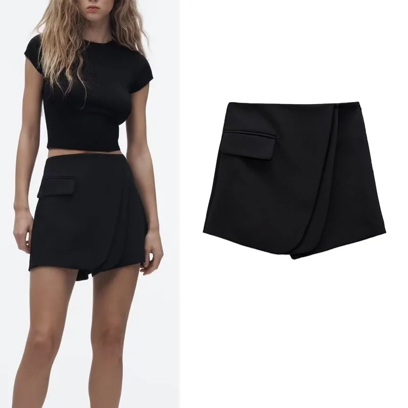 

Spring And Summer New Black High-waisted Wide-leg Asymmetrical Culottes Side Flap Decoration All-match Culottes Women's
