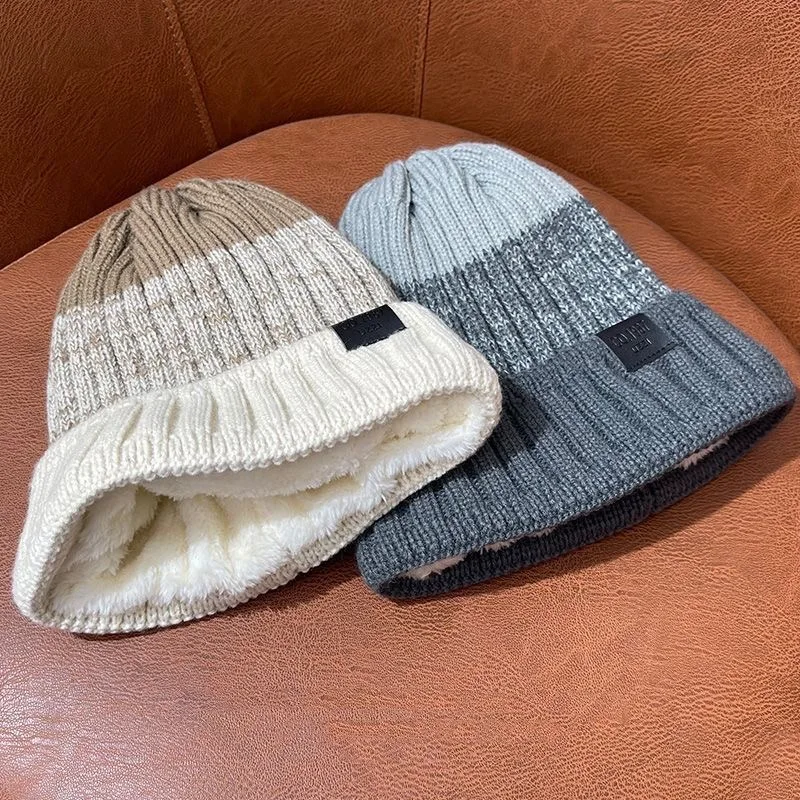 Unisex ColorBlock Winter Hats Add Fur Lined Men Women Keep Warm Beanie Cap Outdoor Decor Winter Knitted Hats