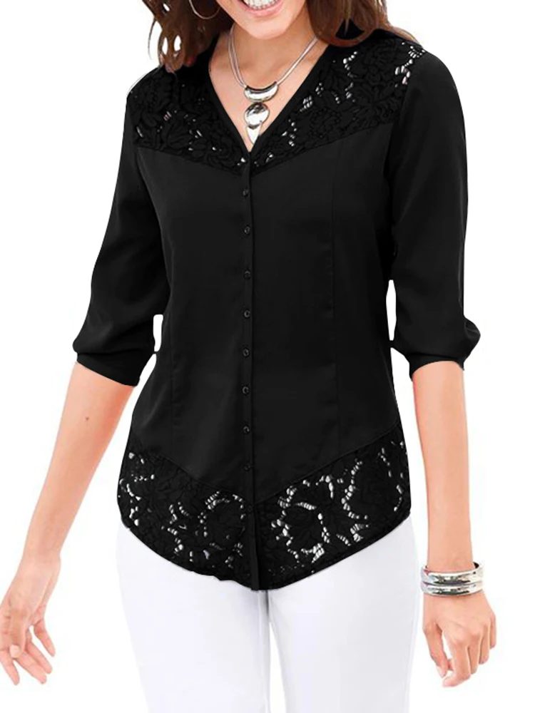 

ZANZEA Lace Patchwork Blouse Spring 3/4 Sleeve V-Neck Tops Female Vintage Loose Blusas Elegant Solid Color Casual Shirts 2023