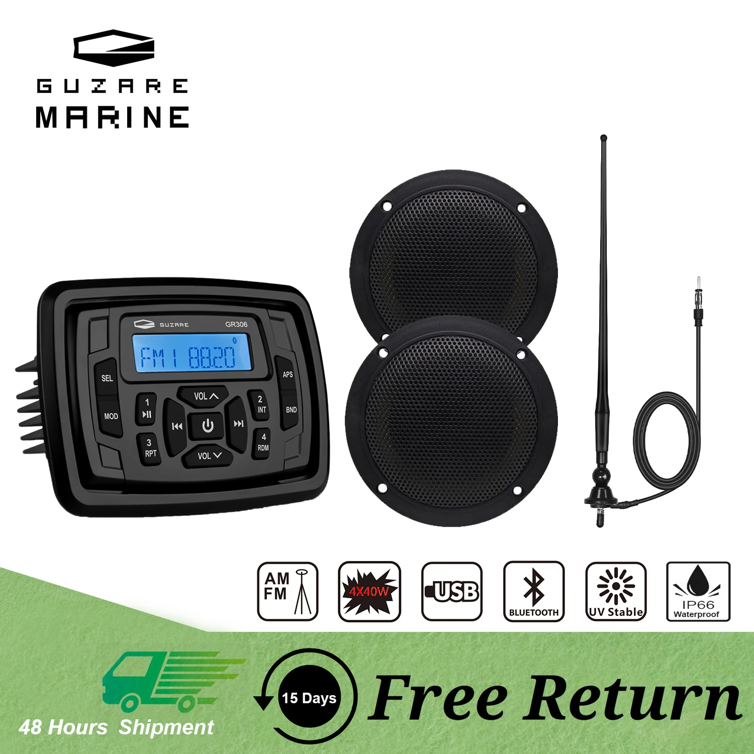 Guzare Marine Stereo Bluetooth Radio Audio Waterproof MP3 Player + 4