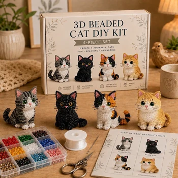 Kit fai da te con perline 3D a forma di gatto, set di 4 modelli di gattini in perline per principianti, idea regalo