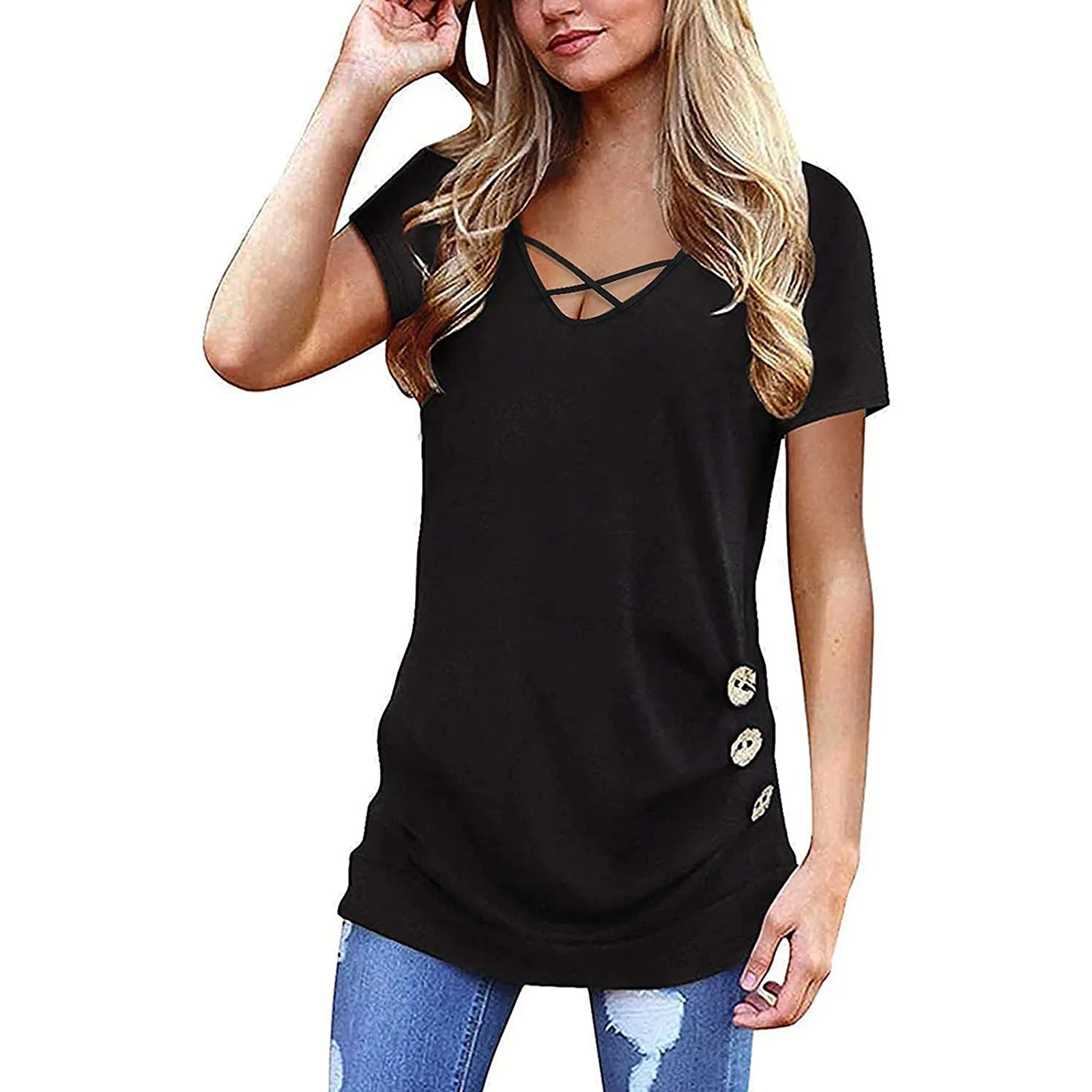 Women‘s Tops Fashion Dew Shoulder Short Sleeve Solid V Neck Button Blouse Shirt Tops Tunics