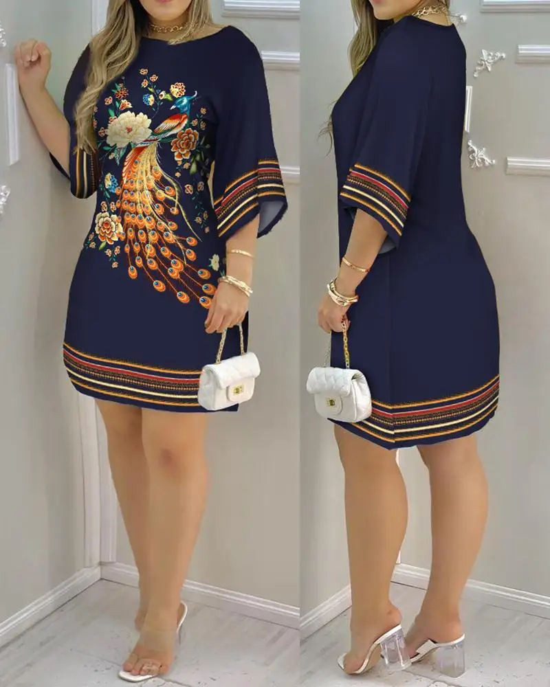 

New 2024 Spring/summer Fashion Print A Word Skirt for Women Elegant Style Round Neck Conventional Sleeve Pullover Dresses