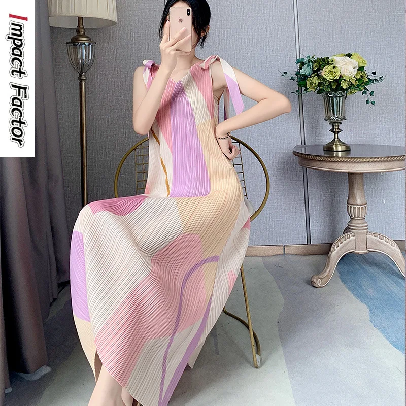 

Женское облегающее платье миаке на тонких бретельках, повседневное удобное свободное платье с принтом без рукавов, Новинка лета 2024