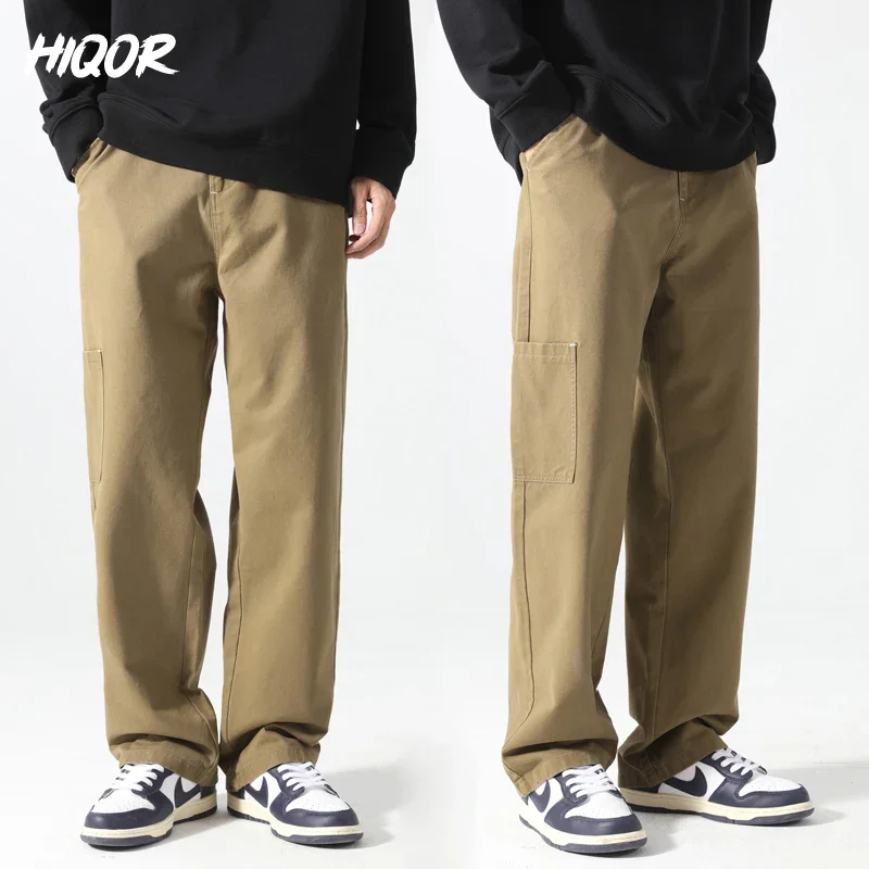 

HIQOR Baggy Wide Leg Pants 2023 Autumn New Safari Style Man Casual Straight Overalls Fashion Large Side Pockets Trousers Man