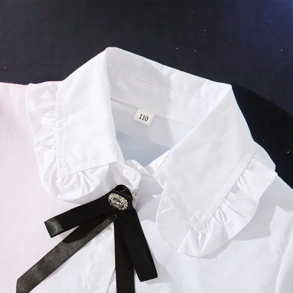 Spring Big Kids Girls Long-sleeve White School Lace Blouses Cotton Shirt
