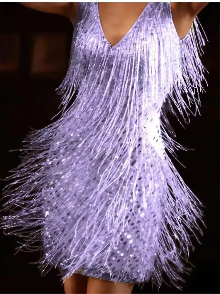 Sexy Deep V Sleeveless Tassels Mini Dress Women Glitter Night Clubwear Party Prom Evening Bodycon Dresses