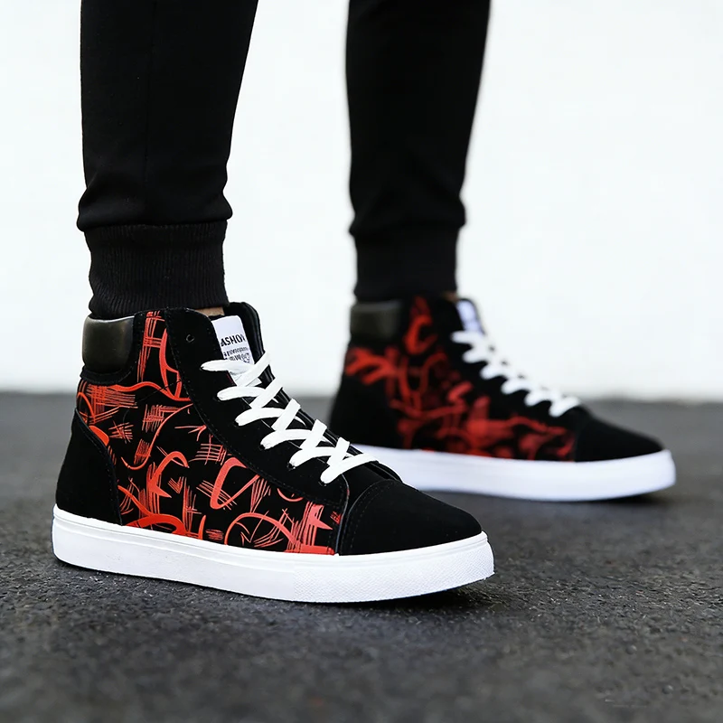 Street Style Fashion Sneakers Mens Casual Shoes Flat Breathable High top Black Red Brand Male Footwear 3