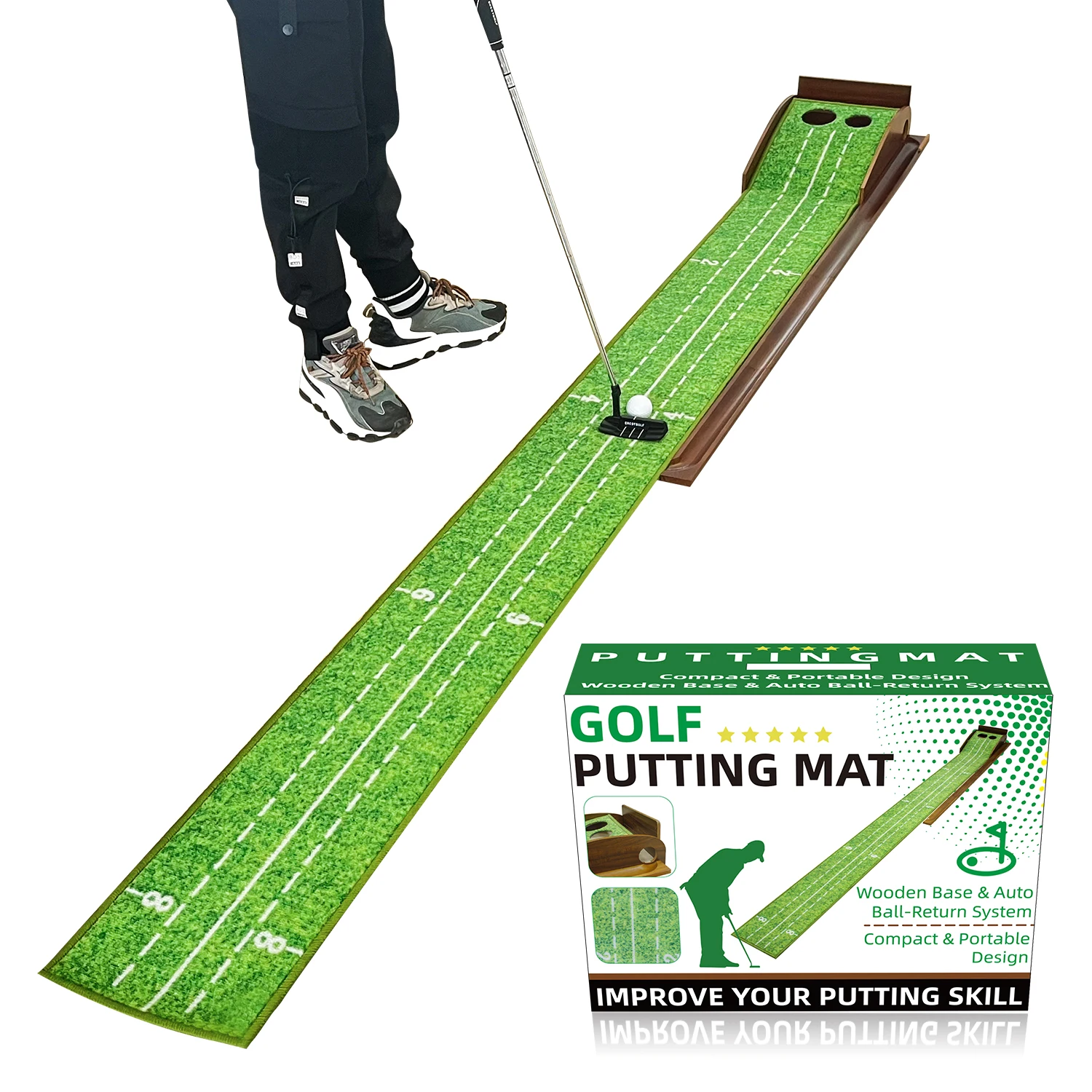 Golf PuttinPerfect your short game anywhere with this Golf Putting Mat for Indoor & Outdoor Practice. Designed for golfers of all skill levels, g Mat for Indoor & Outdoor Practice Use with Wood Auto Ball Return System and 2 Holes Putting Green Accessories 1