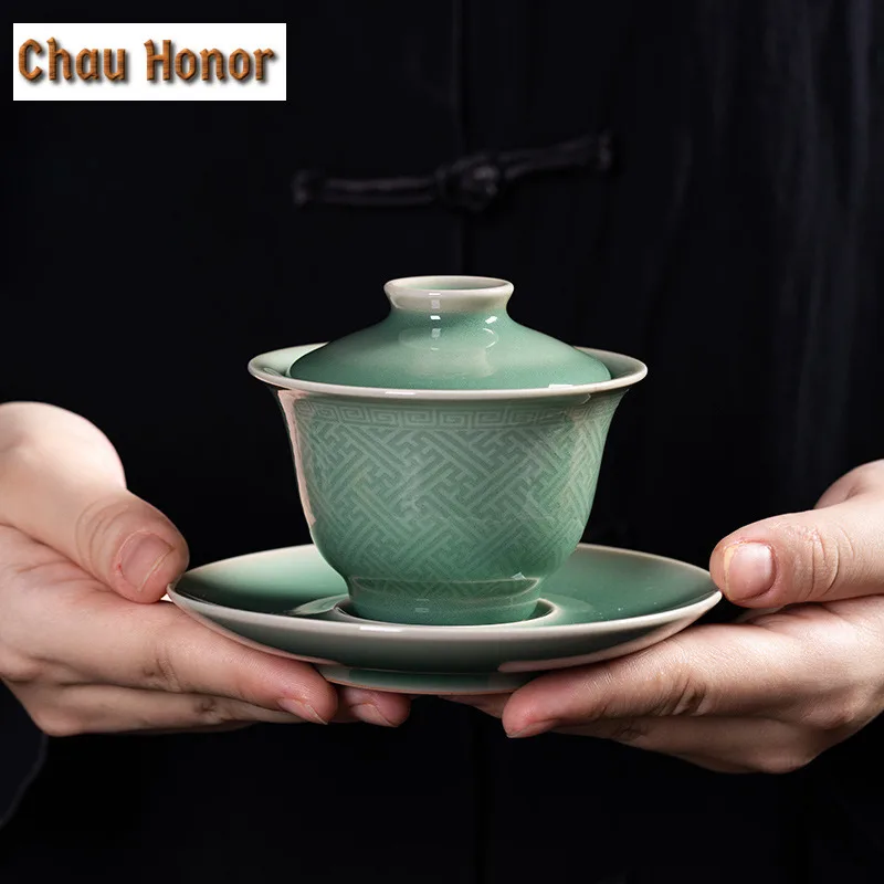125ml Longquan Celadon Plum Green Gaiwan Boutique Tea Tureen Tea Bowl with Lid Kit Tea Brewing Cover Bowl Tea Services Craft