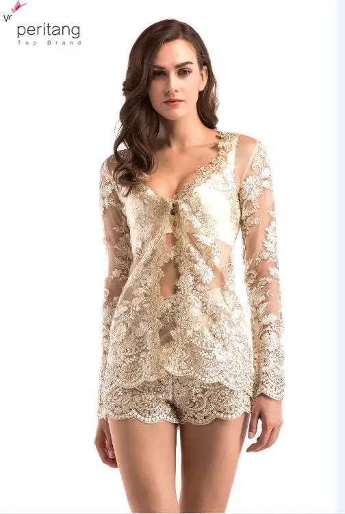 

Fashion Embroidery Sexy Two Piece Sets Women Lace V Neck Hollow Out Cardigan And Shorts Nightclub Perspective Outfits