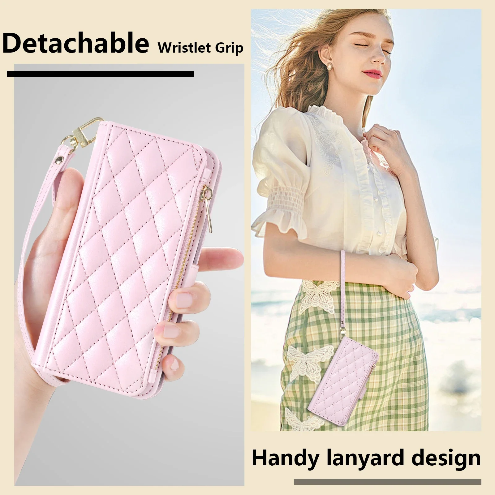 Compact Leather Wallet Case with Zipper Card Slot and Magnetic Flip Stand Feature