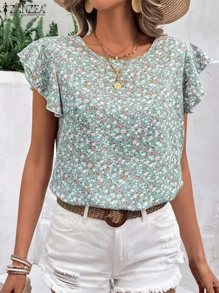 

ZANZEA Summer Floral Blouse Women Bohemian Printed Holiday Shirt O-Neck Short Sleeve Blusas Femme Work Party Tops Oversize Tunic