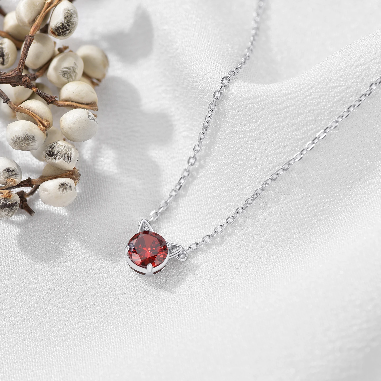 PROSILVER Women Girl Silver 12 Months Birthstone Cat Ear Cute Pendant 925 Sterling Necklace Mother's Valentine Day Gifts P15191B