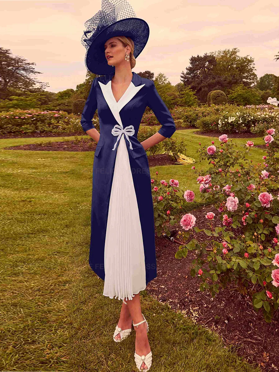 Exquisite Wedding Guest Dresses A-line V-neck Long Mother of the Bride Dress Tea-length Bow Beadings فستان حفلات الزفاف