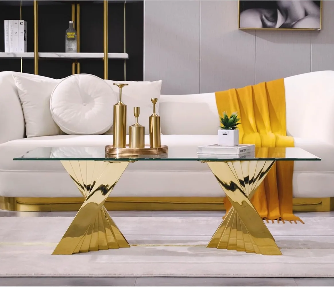 50 inch Gold and Clear Glass Coffee Table for Living Room with Gorgeous Polished Stainless Steel Base, Café Tables 6