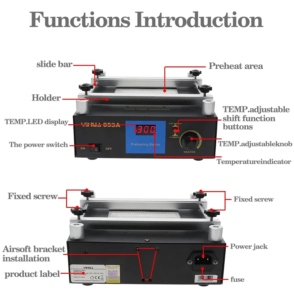 YIHUA 853A SMD BGA Rework Soldering Station Preheating Desoldering Welding Tools PCB Holder Rework Soldering Station Bottom Heat