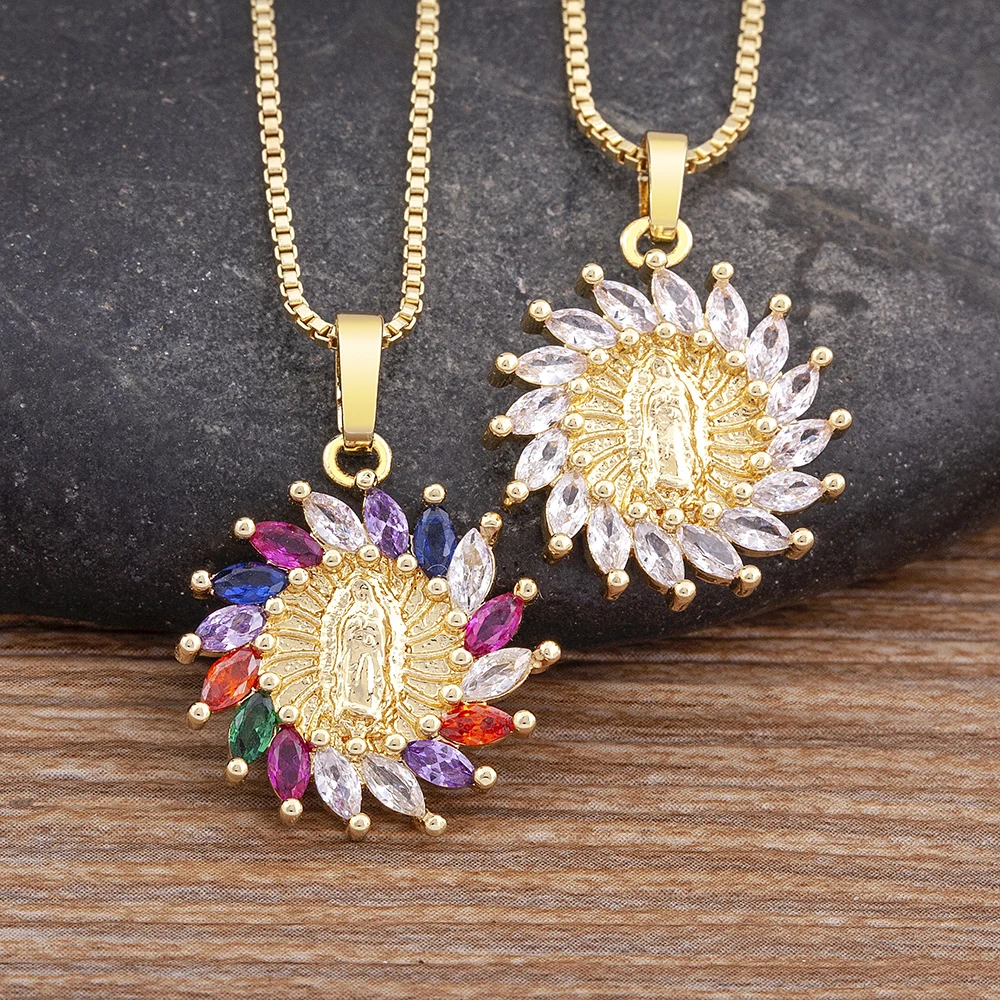 Nidin New Design Rainbow Geometric Crystal Virgin Mary Gold Pendant Zircon  Necklace Unisex Religious Faith Retro Jewelry Gift