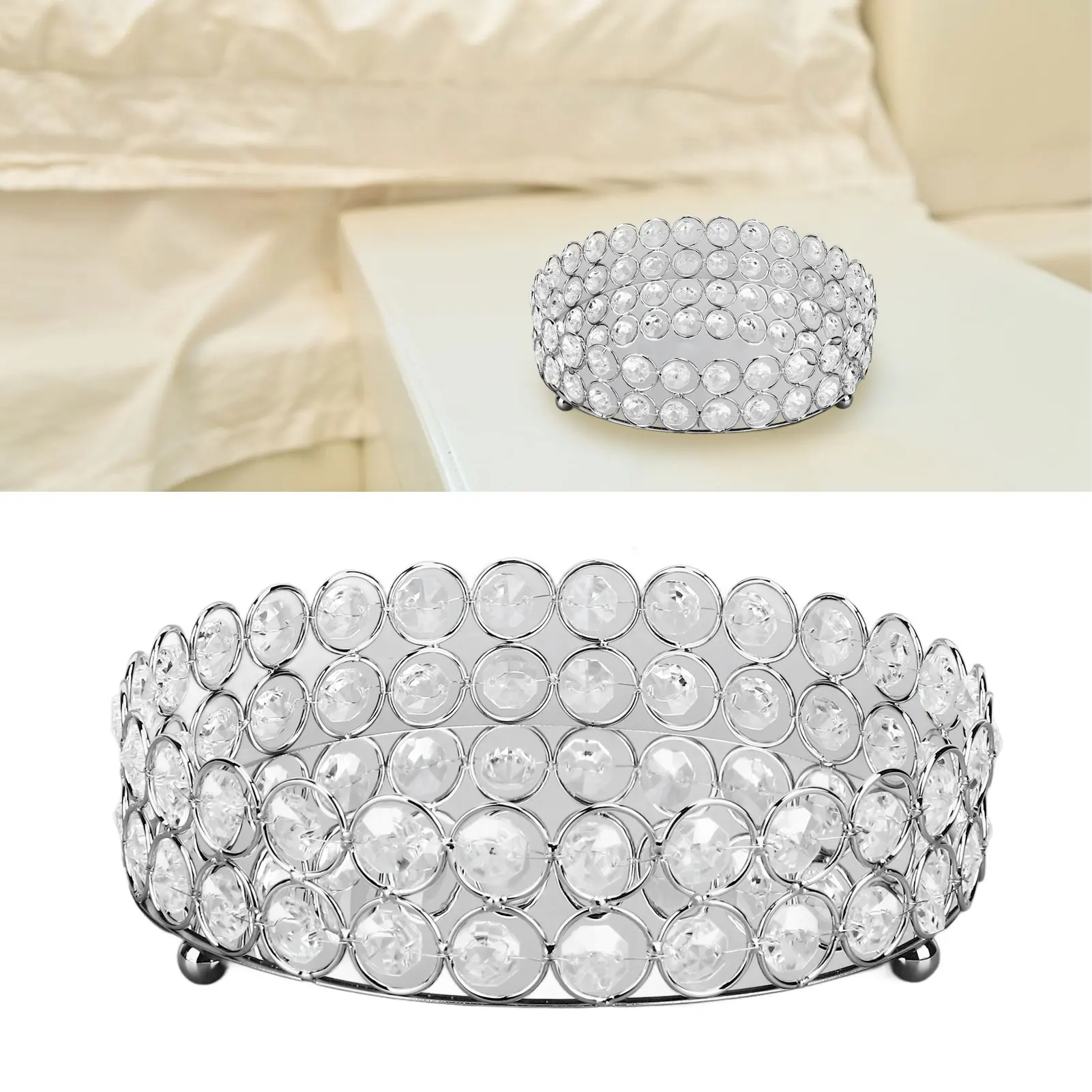 

Silver Crystal Cosmetic Makeup Tray 8in Round Display Tray Mirrored Metal Welded Structure For Food Perfume Jewelry Wine