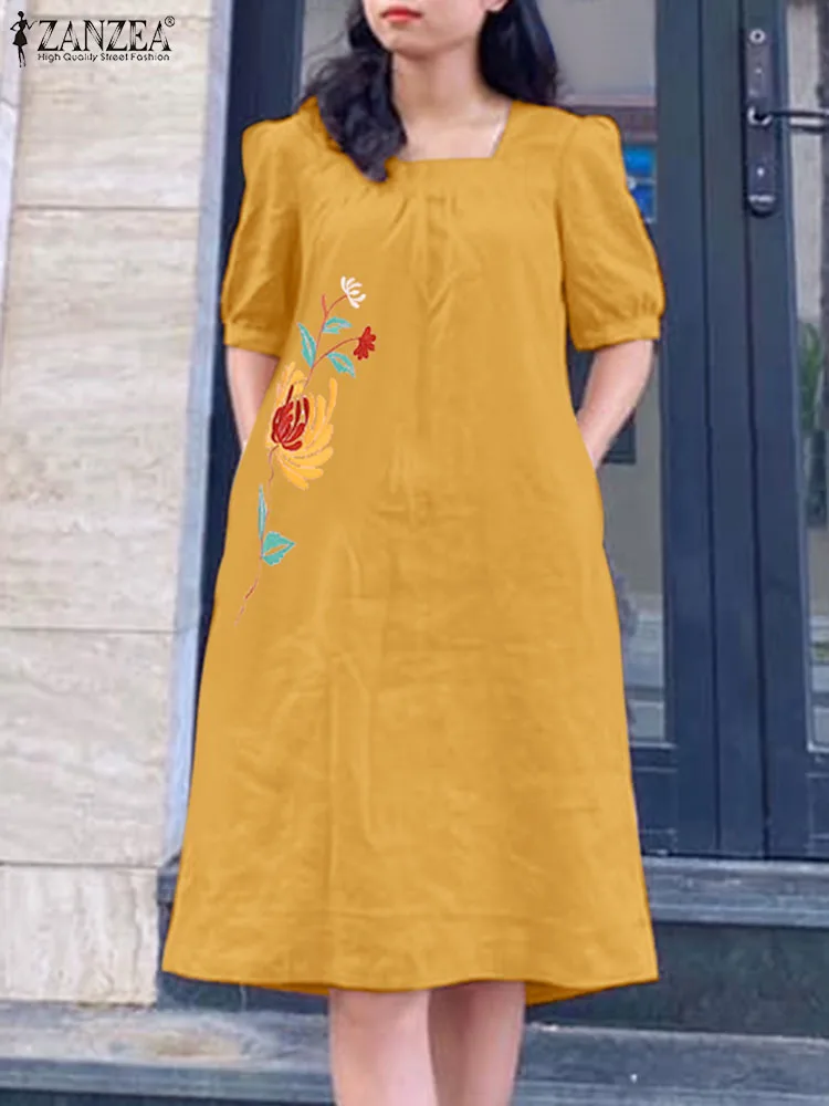

Платье ZANZEA женское хлопковое до колен, повседневный модный сарафан с квадратным вырезом и рукавами-фонариками, лето 2024