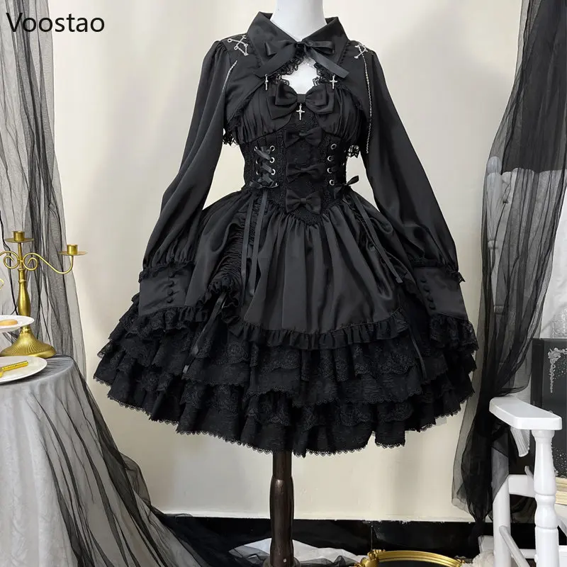 Vintage Gothic Lolita Dress Women Victorian Punk Slim Bandage Princess Party Dresses Girls Cute Metal Cross Bow Evening Dress images - 6