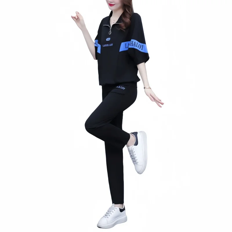 Summer Women's Casual Sports Suit Fashion Oversized Loose Versatile Lapel Short Sleeve T-shirt Straight Leg Pants Two Piece Set