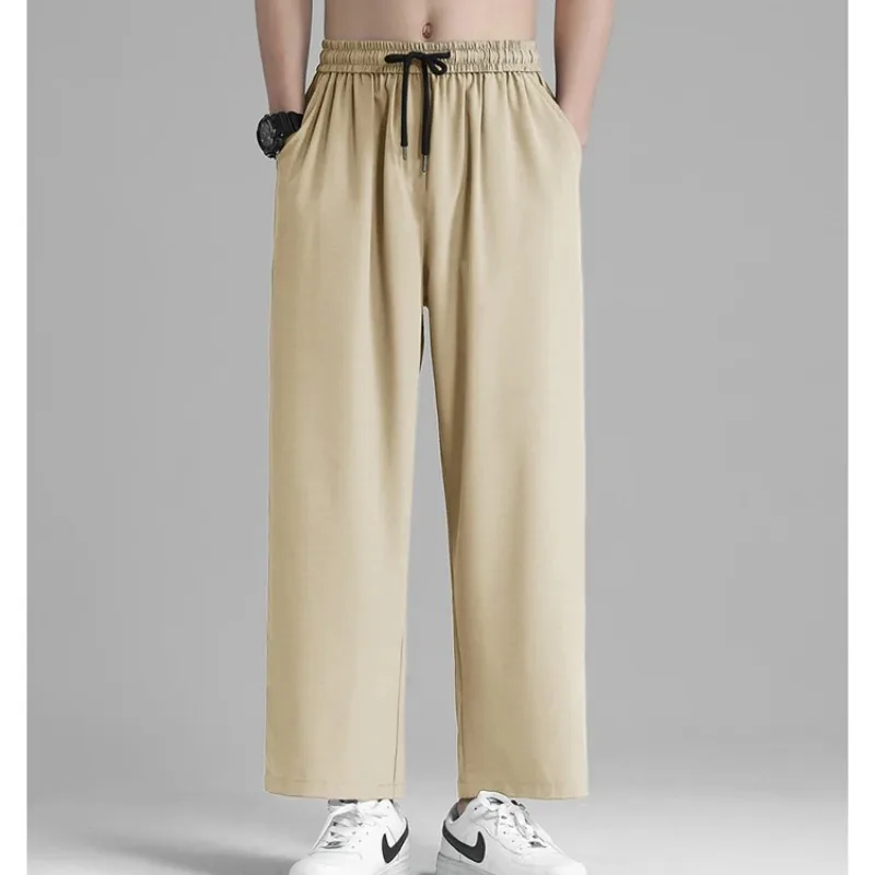 Men's Spring Autumn Bandage Solid Drawstring Elastic High Waist Pockets Wide Leg Casual Sports Loose Trousers Office Lady Pants