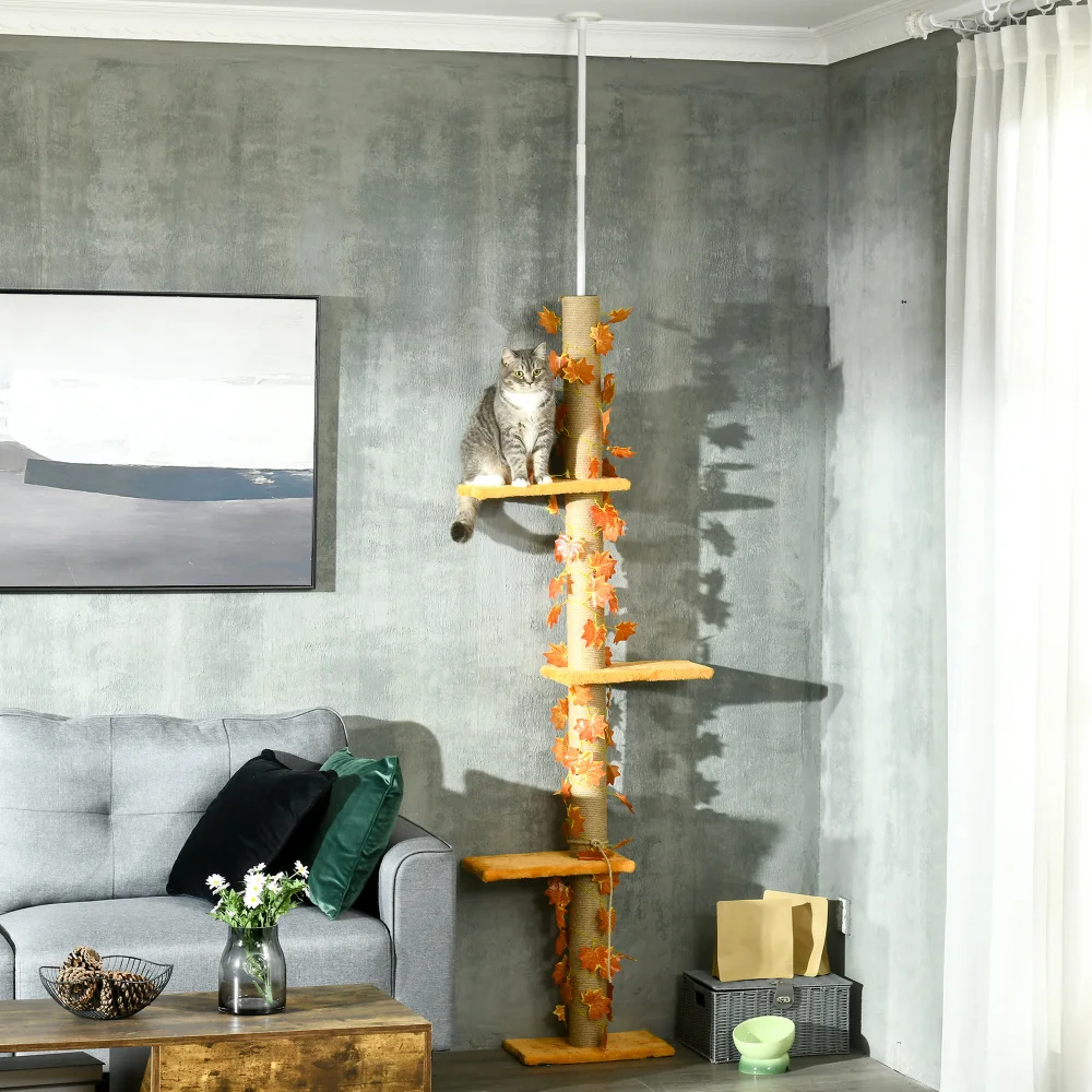 Pawhut Floor To Ceiling Cat Tree 80"-95" Adjustable Tall Cat Tower 3-Level Climbing Towe Indoor Sisal Scratching Post Platforms