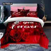 Valentine’s Day Duvet Cover Set Red Rose I Love You Pattern King Size Couple Polyester Bedding Set Happy Romantic Quilt Cover