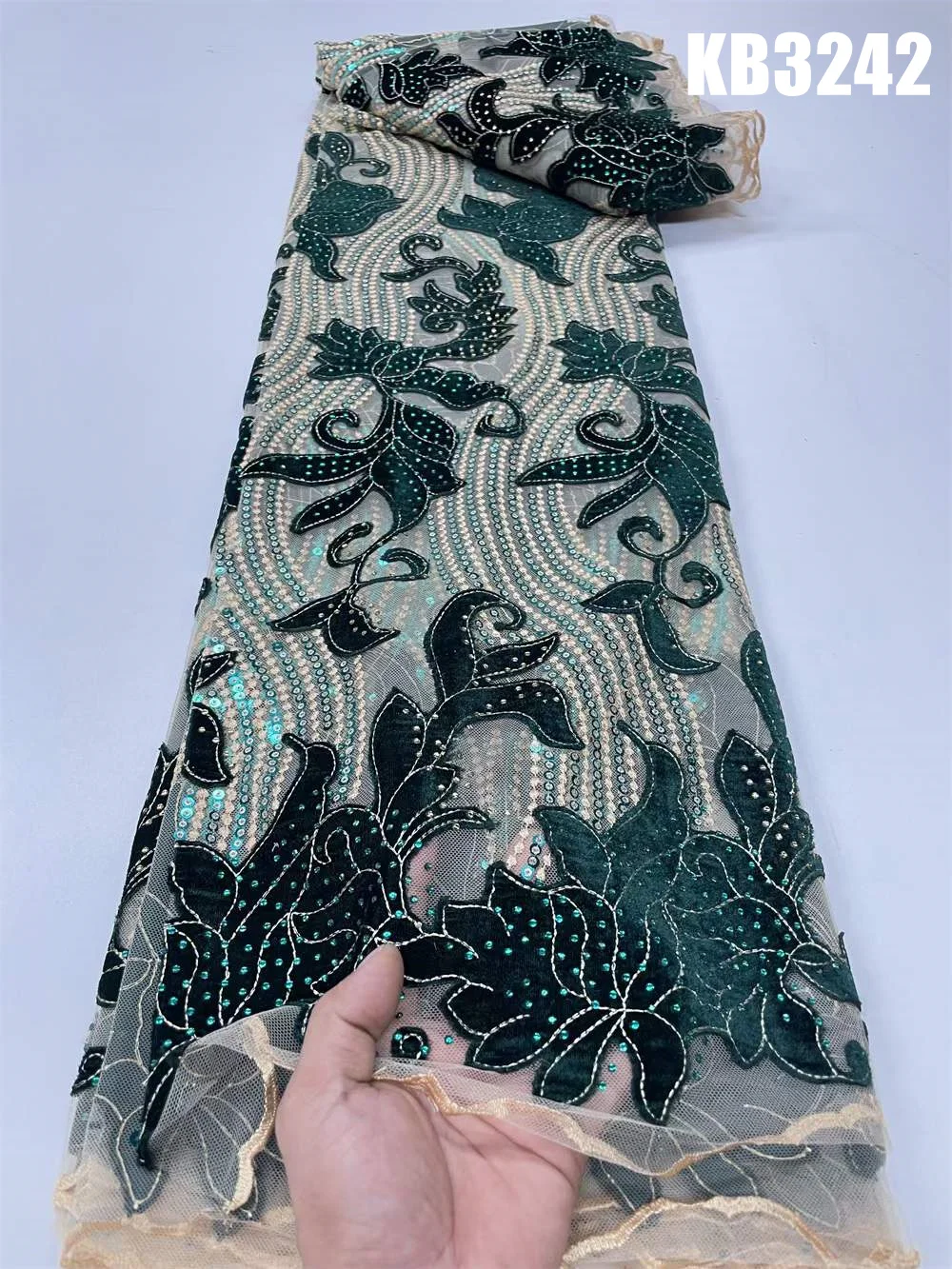 

Sequin Tulle Lace with Velvet Latest Lace Fabric High Quality 2023 Green Sequin Velvet Lace Tulle Lace Mesh For Sewing KB3242