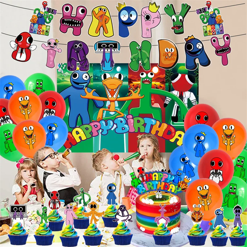 

Cartoon Rainbow Theme Party Decoration Supplies Set Backdrop Flag Balloon Combination Cake Topper Birthday Kid Children Boy Girl