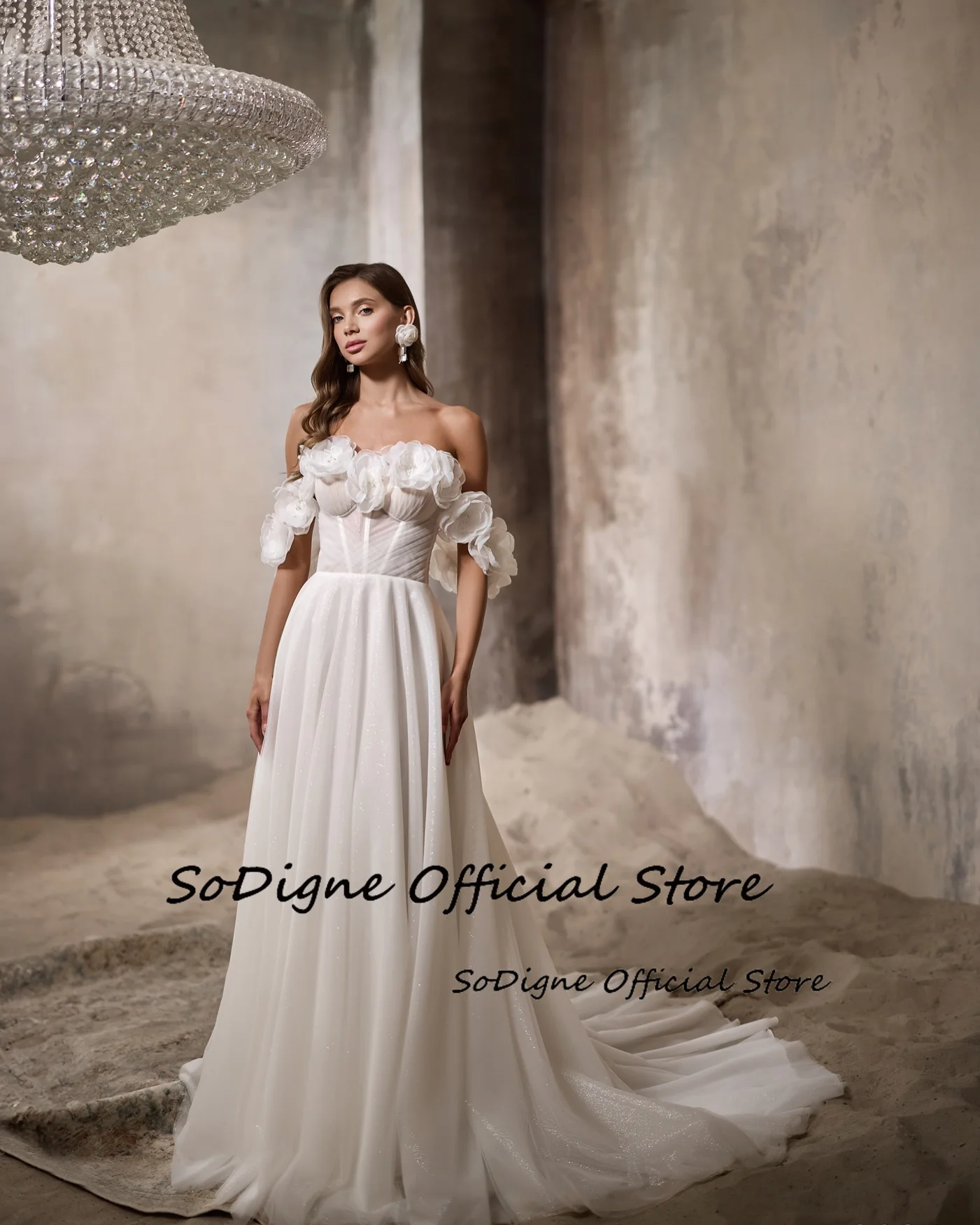 SoDigne A-line Tulle Glitter Wedding Dresses Off Shoulder Beach Bridal Dress Long 2025 Wedding Gown Robe De Mairee ﻿Customized ﻿ 2