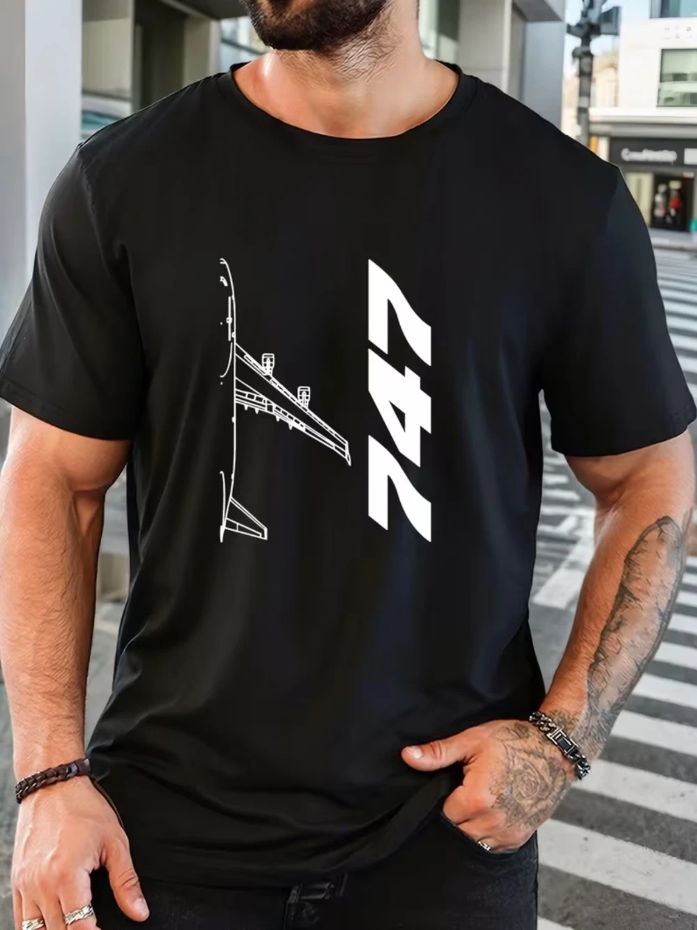 Herren-T-Shirt mit Flugzeug-Print 747, Luftfahrt-Thema, kurzärmelig, Rundhalsausschnitt, geeignet für den Sommer, Herren-T-Shirts für den Sommer