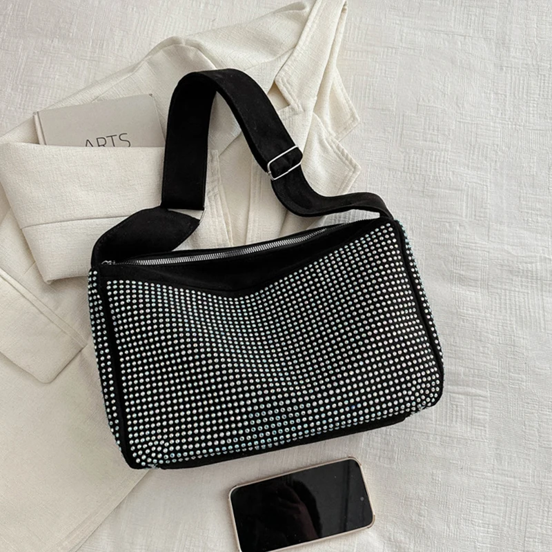 Luxury Designer Underarm Purse Female Shiny Rhinestone Stylish Women Shoulder Bag Wide Strap Crossbody Bag